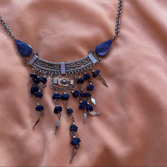 Sodalite and Silvery Vintage Boho Necklace - Picture 2 of 5
